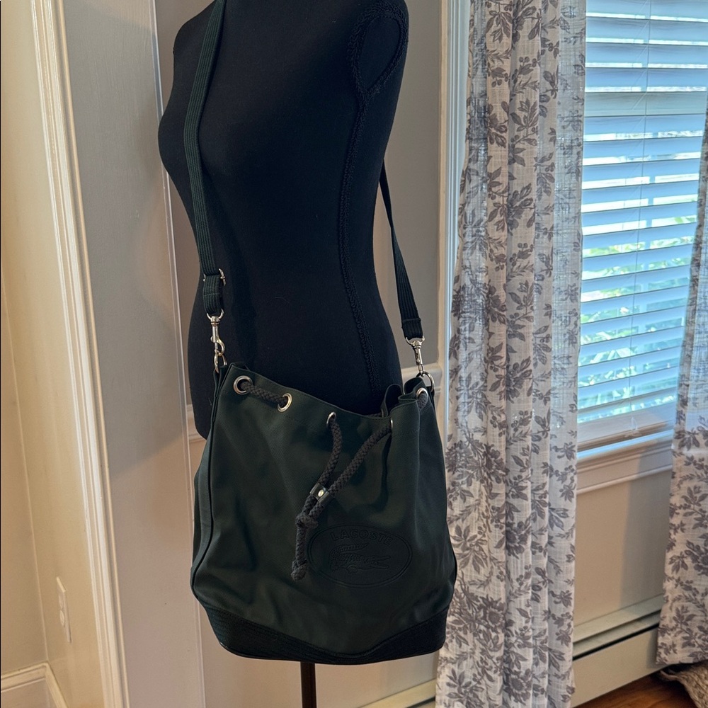 Vintage Green Lacoste Logo Canvas Bucket Bag drawstring tote unisex purse travel - Picture 2 of 12